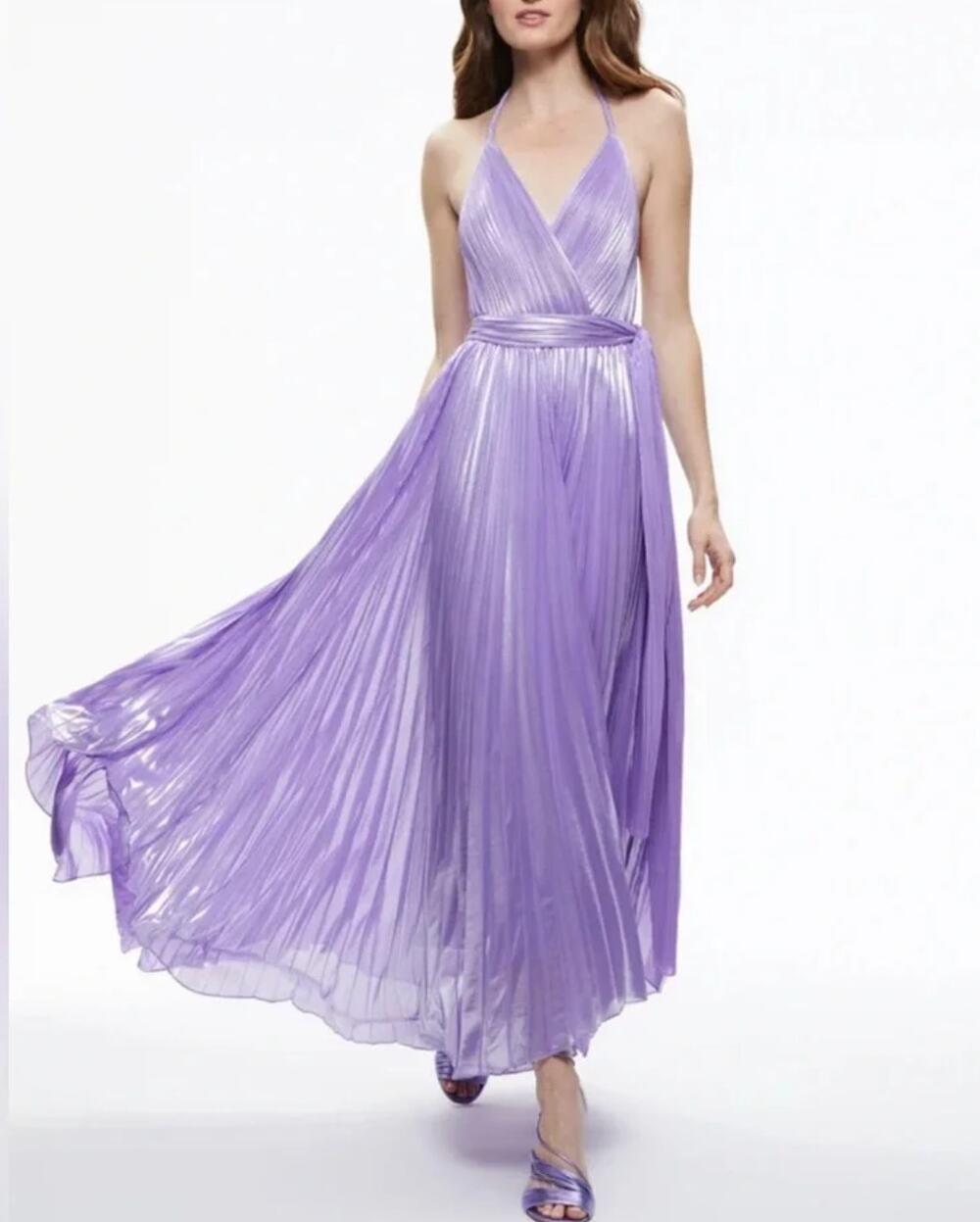 Alice + Olivia Arista purple metallic pleated maxi dress